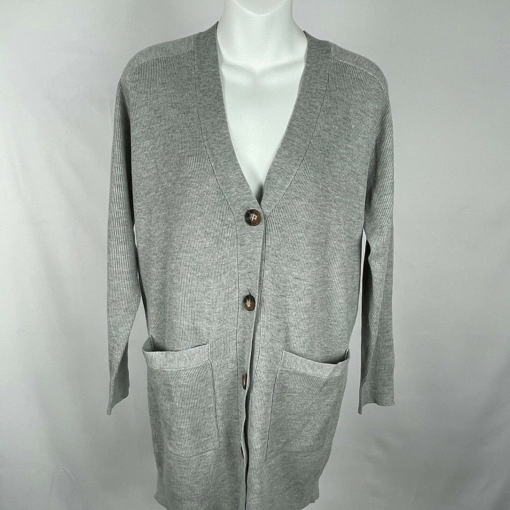 Elodie Long Sleeve Horn Button Sweater Cardigan Sz S Gray V-Neck Ribbed NWT